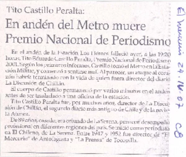 En andén del Metro muere Premio Nacional de Periodismo  [artículo].