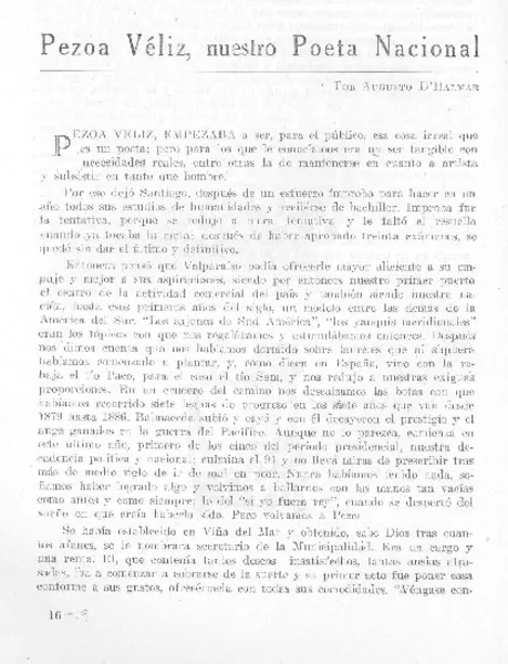 Pezoa Véliz, nuestro poeta nacional  [artículo] Augusto D'Halmar.