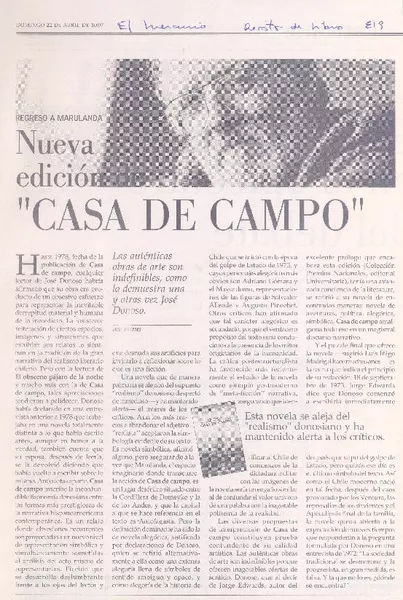 Nueva edición de "Casa de campo"  [artículo] José Promis.