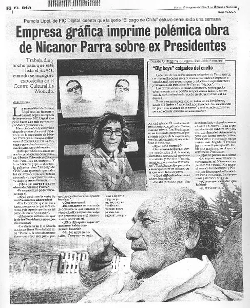 Empresa gráfica imprime polémica obra de Nicanor Parra sobre ex presidentes  [artículo] Ariel Diéguez.