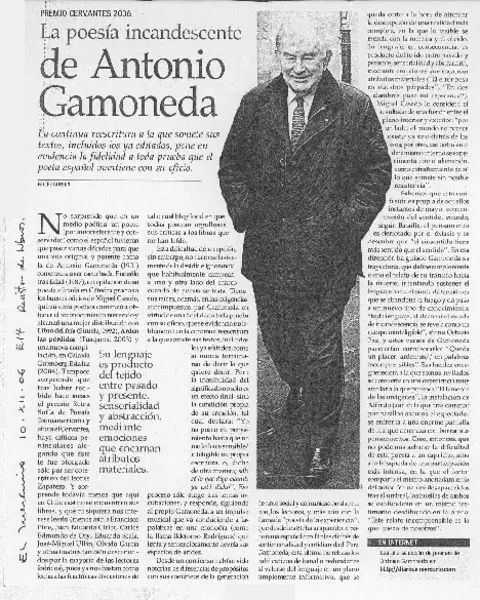 La poesía incandescente de Antonio Gamoneda  [artículo] Felipe Cussen.