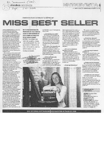 miss best seller (entrevista)  [artículo] Millaray Navarro.