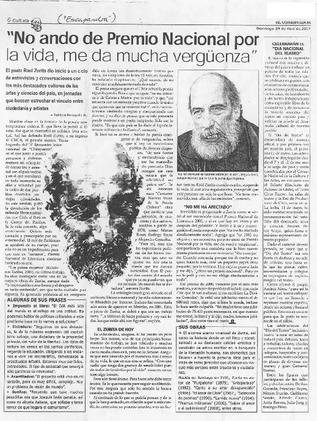 "No ando de Premio Nacional por la vida, me da mucha vergüenza"  [artículo]Patricia Peragallo R.