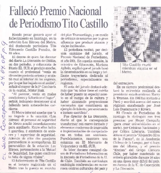 Falleció Premio Nacional de Periodismo Tito Castillo  [artículo].