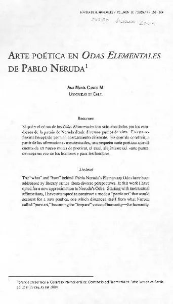 Arte poética en Odas elementales de Pablo Neruda  [artículo] An María Cuneo M.