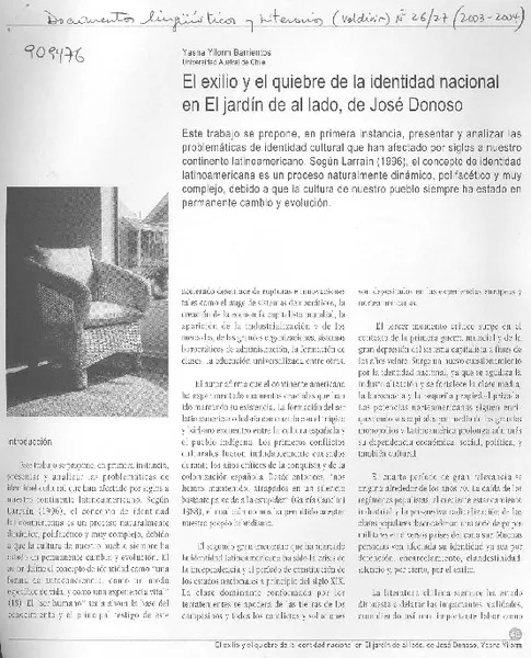 El exilio y el quiebre de la identidad nacional en El jardín de al lado, de José Donoso  [artículo] yasna Yilorm Barrientos.