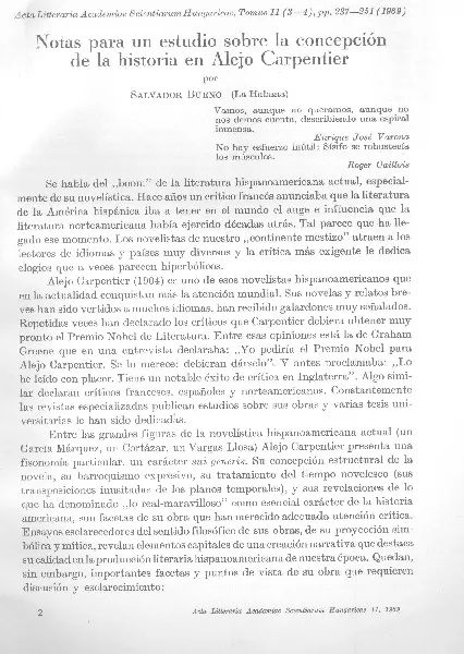 Notas para un estudio sobre la concepción de la historia en Alejo Carpentier  [artículo] Salvador Bueno.