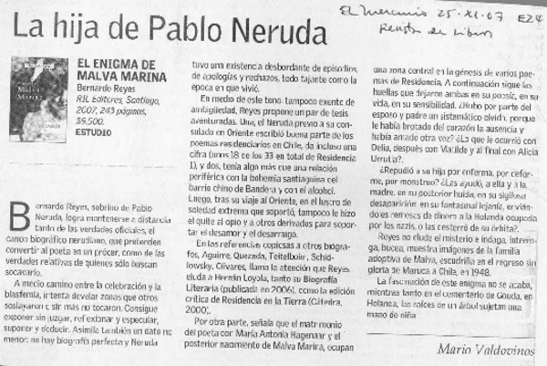 La hija de Pablo Neruda  [artículo] Mario Valdovinos.