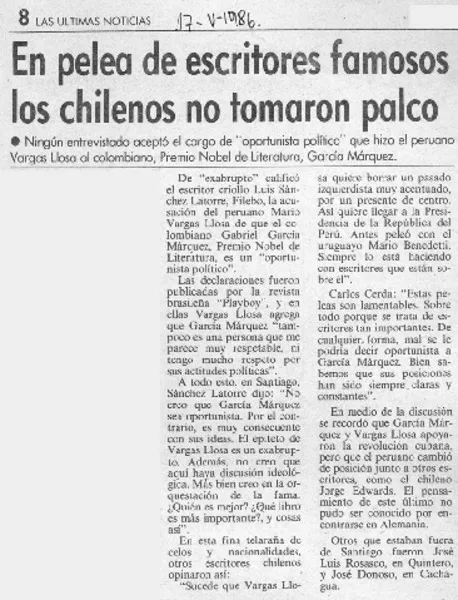 En pelea de escritores famosos los chilenos no tomaron palco  [artículo].