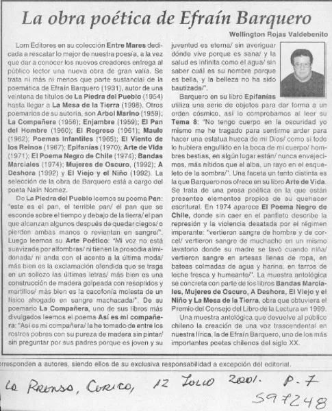 La obra poética de Efraín Barquero  [artículo] Wellington Rojas Valdebenito.