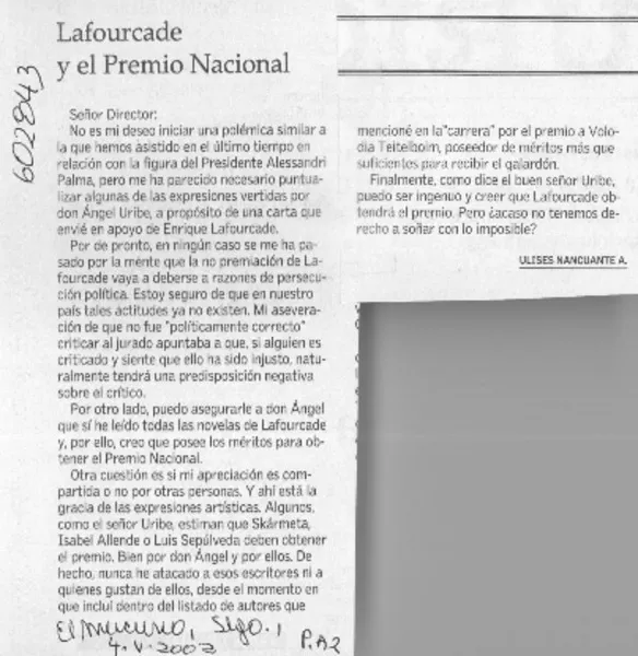 Lafourcade y el Premio Nacional  [artículo] Ulises Nancuante Almonacid