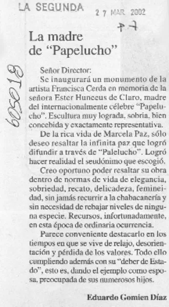 La madre de "Papelucho"  [artículo] Eduardo Gomien Díaz