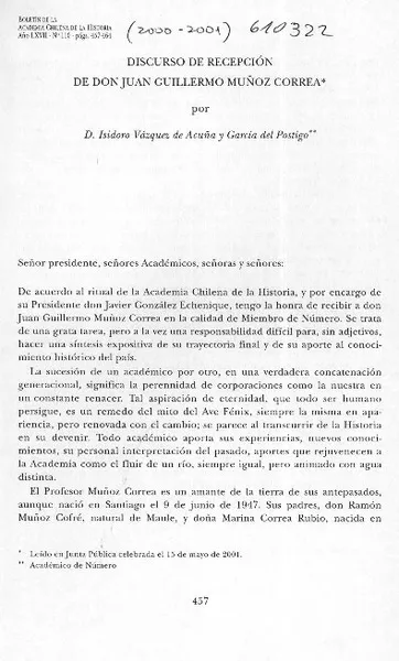Discurso de recepción de don Juan Guillermo Muñoz Correa  [artículo] Isidoro Vasquez de Acuña