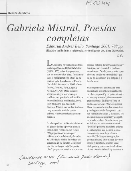 Gabriela Mistral, poesías completas  [artículo] J. Q.