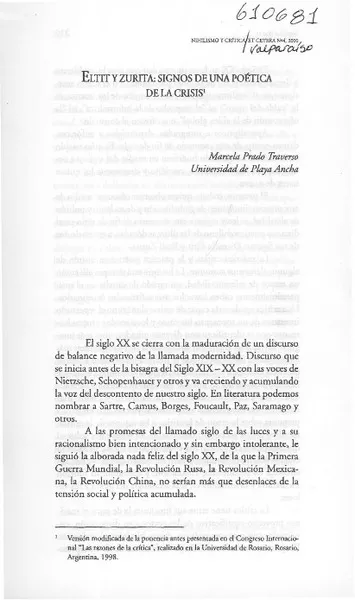 Eltit y Zurita, signos de una poética de la crisis  [artículo] Marcela Prado Traverso