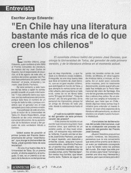 "En Chile hay una literatura bastante más rica de lo que creen los chilenos"  [artículo]