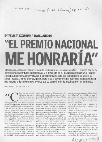 "El premio nacional me honraría"  [artículo] Malú Sierra.