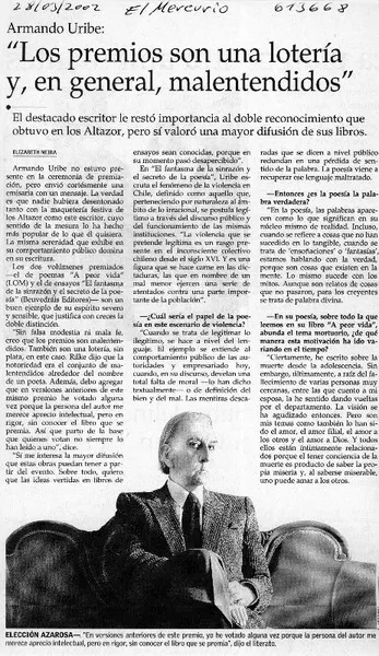 "Los premios son una lotería y, en general, malentendidos"  [artículo] Elizabeth Neira