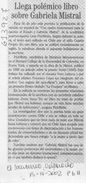 Llega polémico libro sobre Gabriela Mistral  [artículo]