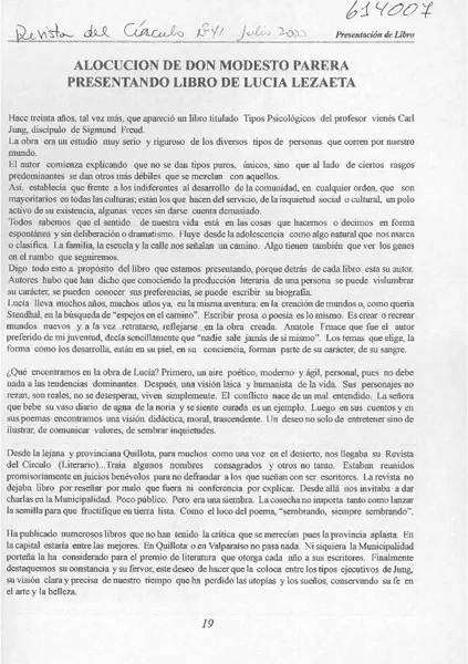 Alocución de don Modesto Parera presentando libro de Lucía Lezaeta  [artículo]