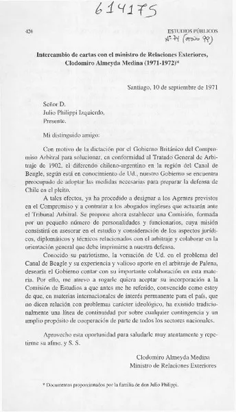 Intercambio de cartas con el ministro de Relaciones Exteriores, Clodomiro Almeyda Medina (1971-1972)  [artículo] Clodomiro Almeyda Medina