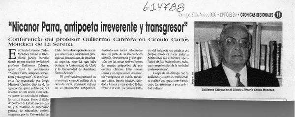 "Nicanor Parra, antipoeta irreverente y transgresor"  [artículo]
