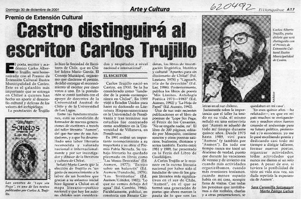 Castro distinguirá al escritor Carlos Trujillo  [artículo] Sara Curumilla Sotomayor <y> Marta Zúñiga Gatica.