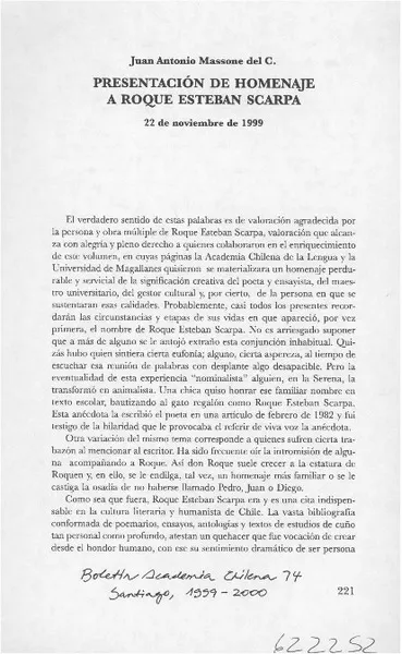Presentación de Homenaje a Roque Esteban Scarpa  [artículo] Juan Antonio Massone
