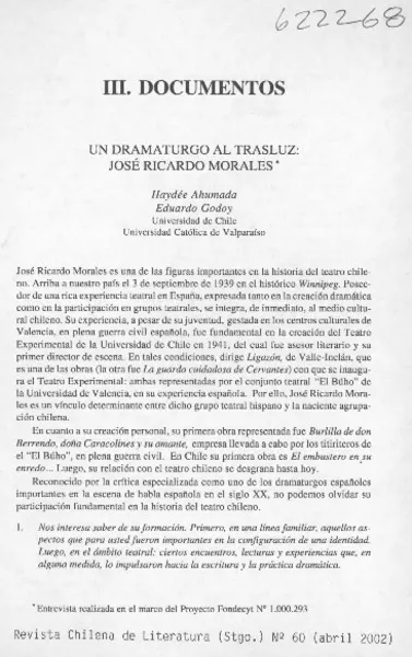 Un dramaturgo al trasluz, José Ricardo Morales  [artículo] Haydée Ahumada <y> Eduardo Godoy.