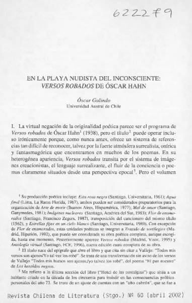 En la playa nudista del inconsciente, Versos robados de Óscar Hahn  [artículo] Óscar Galindo.