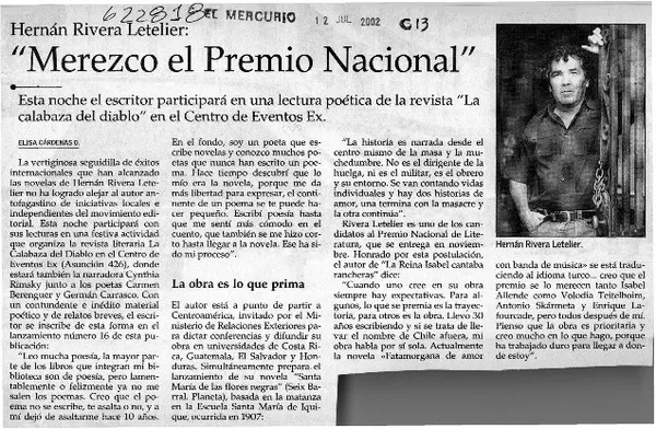 "Merezco el Premio Nacional"  [artículo] Elisa Cárdenas O.