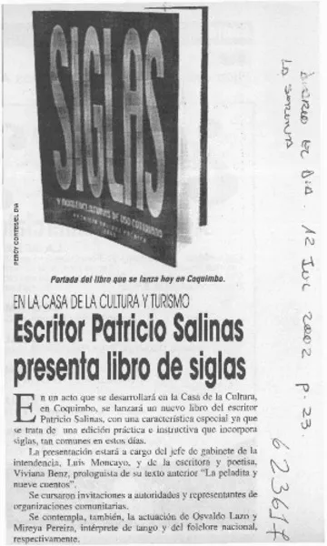 Escritor Patricio Salinas presenta libro de siglas  [artículo]