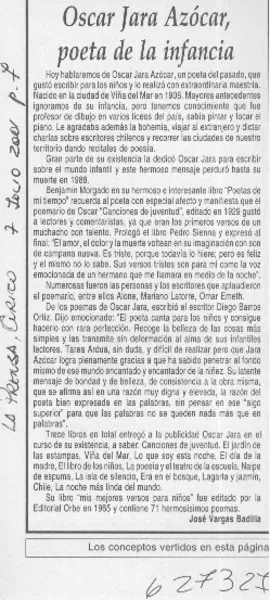 Oscar Jara Azócar, poeta de la infancia  [artículo] José Vargas Badilla