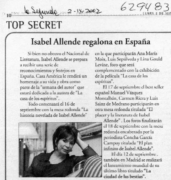 Isabel Allende regalona en España  [artículo].