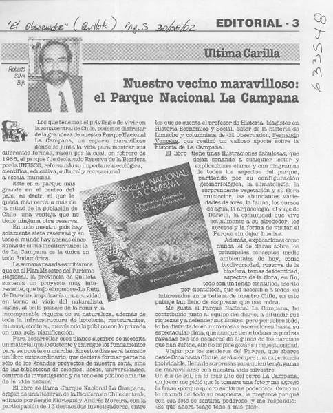 Nuestro vecino maravilloso, el Parque Nacional La Campana  [artículo] Roberto Silva Bijit