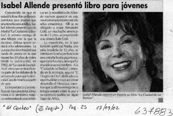 Isabel Allende presentó libro para jóvenes  [artículo].