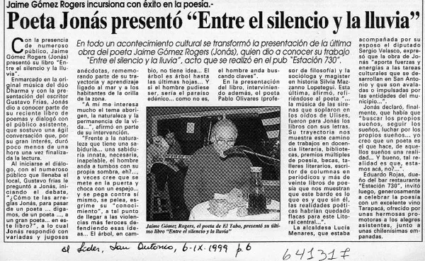 Poeta Jonás presentó "Entre el silencio y la lluvia"  [artículo]