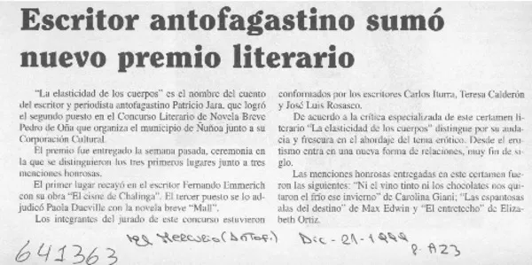Escritor antofagastino sumó nuevo premio literario  [artículo].