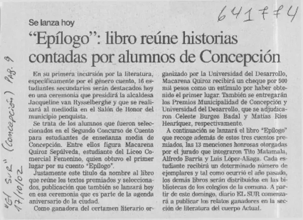 "Epílogo", libro reúne historias contadas por alumnos de Concepción  [artículo] Sergio Ramón Fuentealba