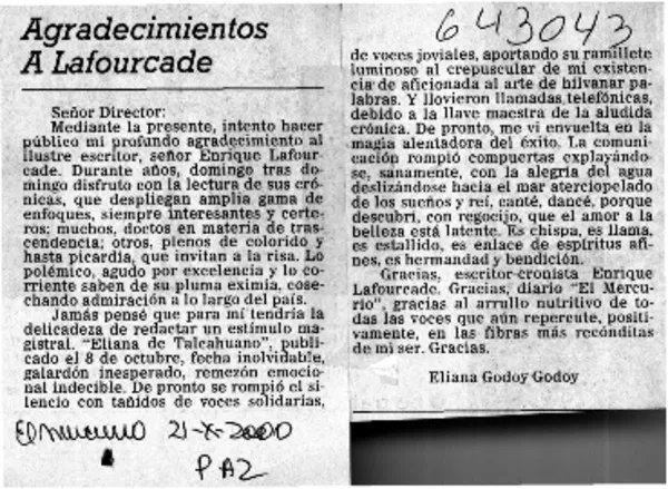 Agradecimientos a Lafourcade  [artículo] Eliana Godoy Godoy