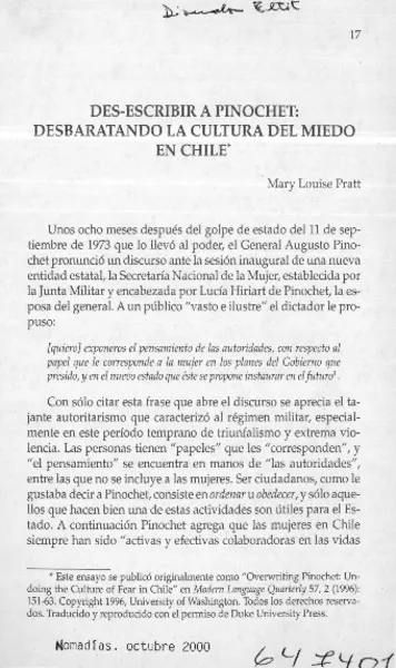 Des-escribir a Pinochet, desbaratando la cultura del miedo en Chile  [artículo] Mary Louise Pratt.