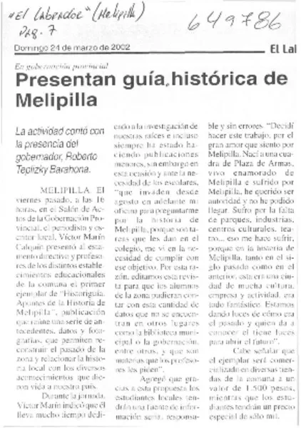 Presentan guía histórica de Melipilla  [artículo].