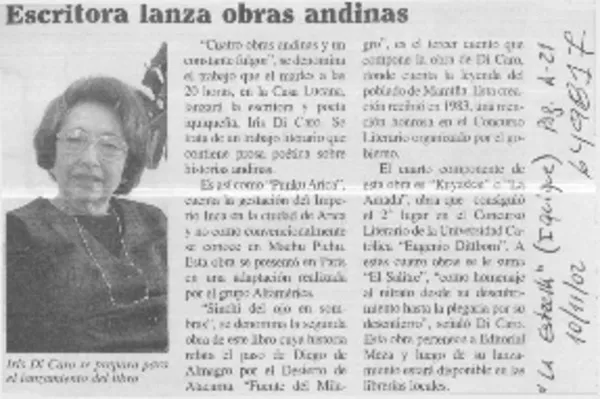 Escritora lanza obras andinas  [artículo]