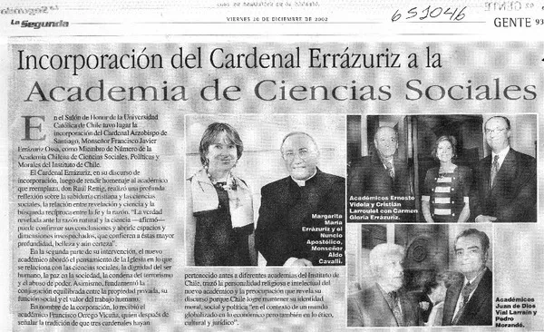 Incorporación del Cardenal Errázuriz a la Academia de Ciencias Sociales  [artículo]