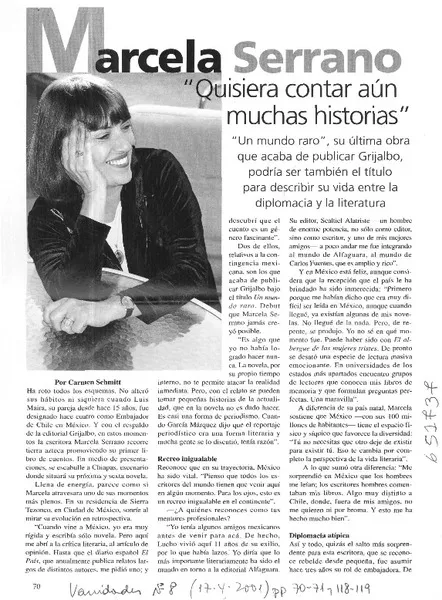 Marcela Serrano, "quisiera contar aún muchas historias"  [artículo] Carmen Schmitt