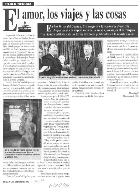 El amor, los viajes y las cosas  [artículo] Manuel Jofré