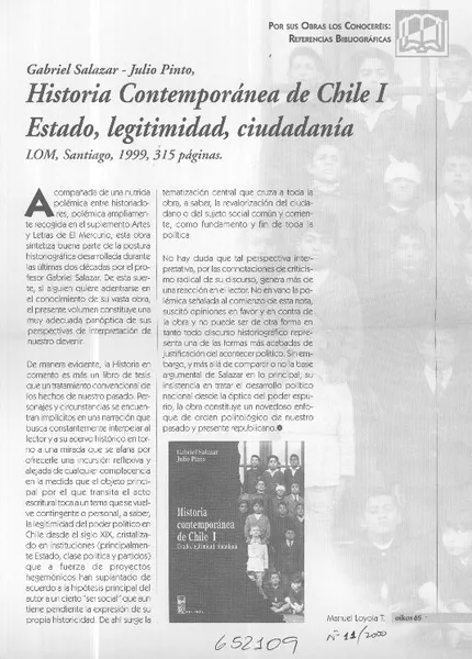 Historia contemporánea de Chile I  [artículo] Manuel Loyola T.