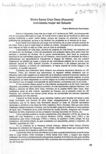Elvira Santa Cruz Ossa (Roxane), inolvidable mujer del Sábado  [artículo] Pedro Mardones Barrientos