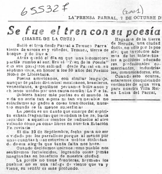 Se fue el tren con su poesía  [artículo] Isabel de la Cruz