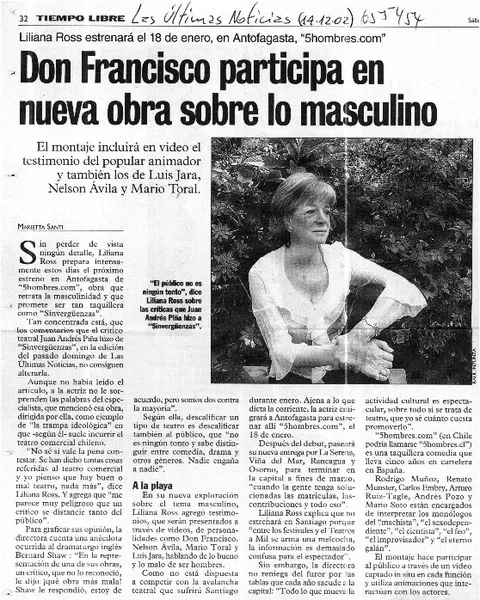 Don Francisco participa en nueva obra sobre lo masculino  [artículo] Marietta Santi.